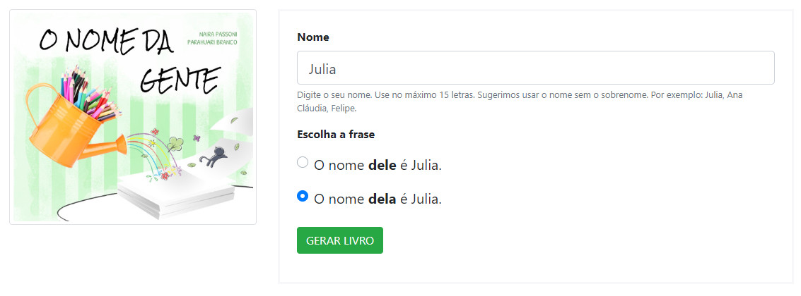 página inicial para geração do livro digital o nome da gente